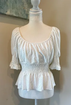 URBAN Romantics White Eyelet Smocked Peplum Blouse thumbnail 1