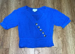 Maeve Anthropologie Blue Textured Asymmetric Button Smocked Crop Blouse Top Sz 2 thumbnail 1