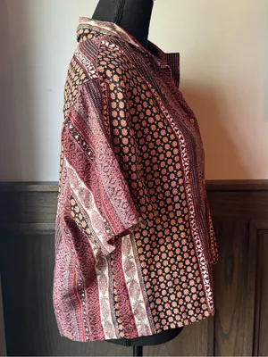 Rachel Zoe Short-Sleeve Linen Button-Down Shirt in Burgundy and Blush Pattern xl thumbnail 4