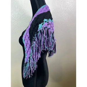 Womens Handmade OS Crochet Triangle Shawl Black Purple Aqua Fringe Boho Wrap thumbnail 2