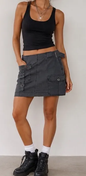 Free‎ People Utility Cargo Mini Skirt Gray Belted Cotton Size 2 Moto Grunge thumbnail 1