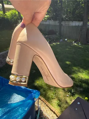 Karl Lagerfeld Paris Nude Beige Open Toe Gold Leather Pearl Block Heels - 8 8M thumbnail 10