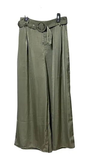 VICI Women Olive Green Satin Wide Leg Belted Pleated Trousers Size Small thumbnail 1