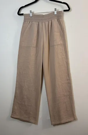 Happily Grey Women’s Medium Beige Cotton Gauze Wide Leg Pants Smocked Waist Boho thumbnail 1