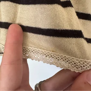 Free People Striped Cotton Crochet Lace Trim Long Sleeve Top Womens Small Boho thumbnail 3