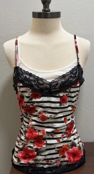 Y2K Almost Famous Layered Rose Print Lace Trim Cami Top XL thumbnail 1