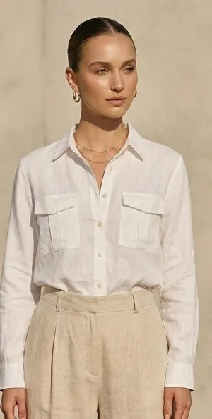Zara 100% Linen Relaxed Fit Button Down Shirt Oyster White Sz Large‎ Casual Boho thumbnail 1