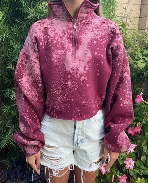 Distressed Bleached Russell Athletic Cropped 1/4 Zip Mock Neck Size L thumbnail 1