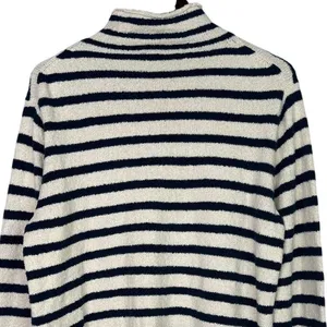 J. Crew Striped Knit Boucle Mock Neck Long Sleeve Sweater L Cream Navy Blue thumbnail 5