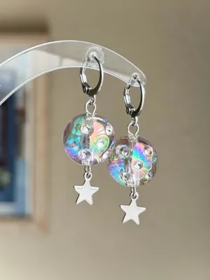 Handmade round beads & star y2k cute whimsical dangle earrings⭐️ thumbnail 2
