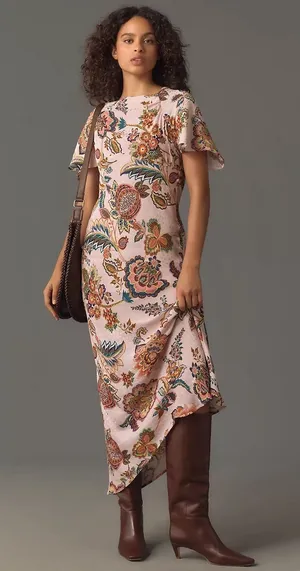 ANTHROPOLOGIE KACHEL Flutter Sleeve Bow Back Maxi Slip Dress Size 10 Pink Floral thumbnail 1