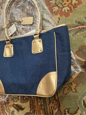 Neiman Marcus Denim Medium Tote Hand Bag Blue and Gold Women’s NWT thumbnail 5
