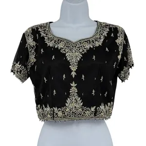 Embroidered Choli Beaded Blouse Top Sz Small Formal Wedding Festival Black Mesh thumbnail 2