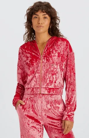Fabletics Crushed Velour Zip Up Hoodie strawberry red  thumbnail 1