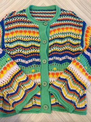 Multicolor Striped Open Knit Cardigan Bell Sleeve Boho Lightweight Small thumbnail 1