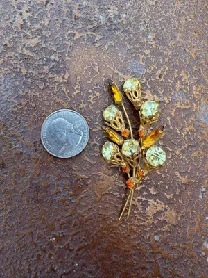 Swarovski Vintage 1960s brooch with gold-tone metal and light green and orange rhinestones arranged in a floral cluster design -no brand stamp thumbnail 4
