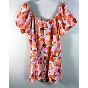GeeGee Pink Orange Floral Smocked Puff Sleeve Tiered Mini Dress‎ 2XL thumbnail 4