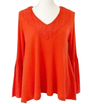 Free People NWT Boho Bell Sleeve Waffle Textured Blouse Orange Parisian Size XS thumbnail 3