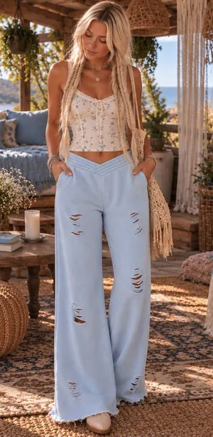 Vintage Havana Est 1954 Distressed Powder Blue Flare Sweatpants thumbnail 1