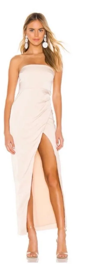 NBD Lucilda Strapless Satin Gown Size Small High Slit in Champagne thumbnail 1