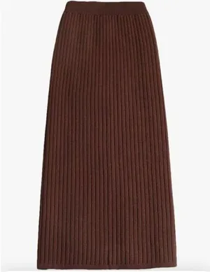 NEW Brown Ribbed Sweater Pencil Knit High Waist Winter Midi Skirts M thumbnail 1