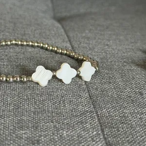 set of 2 silver beaded string bracelets white mother of pearl four leaf clovers thumbnail 5