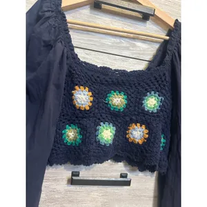 Aerie Navy Blue Crochet Granny Square Floral Puff Sleeve Crop Top Small thumbnail 5