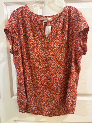fun 2 fun Red Floral Short-Sleeve Blouse with Blue & White Accents thumbnail 1