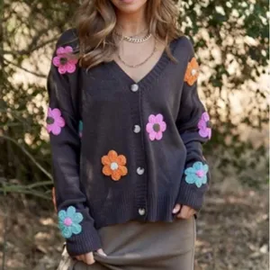 J.Nna Floral Embroidered Cardigan Gray Size L thumbnail 2