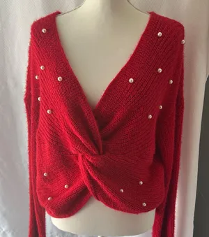 No Boundaries Red Off-the-Shoulder Sweater with Pearl Details thumbnail 7