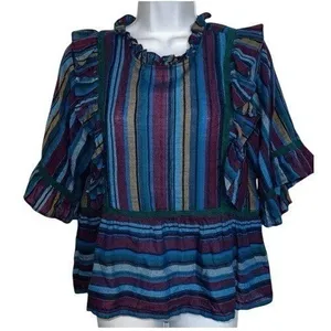 ANTHROPOLOGIE DRA LA Tabi Laurel Striped Ruffle Peplum Hem Blouse‎ NWOT M thumbnail 2