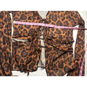 Leopard Print Mesh Tie Front Top Brown Black Ruffle Bell Sleeve Y2K Coquette thumbnail 6