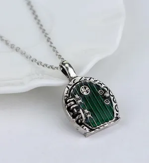 Silver Hobbit Hole, Lord of The Rings Pendant Locket Necklace - Green Door thumbnail 1