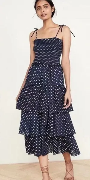 Tory Burch Printed Ruffle Dress Polka Dot Smocked Midi Navy White NWT Size M thumbnail 1