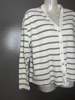Como Sleep Pajama Set Womens Medium White Gray Stripe Knit Top Pants Lounge thumbnail 3