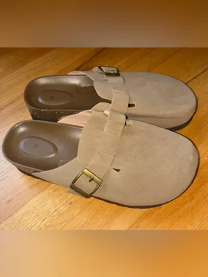 SheIn Taupe Suede Slide Sandals with Brass Buckle thumbnail 2
