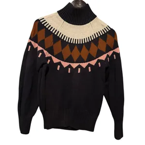 Cotton Wool Knit Fair Isle Navy Blue and Brown Turtleneck Sweater Ski Small thumbnail 2