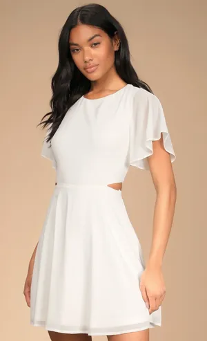 NWT Lulus Blissful Love Ivory Cutout Mini Skater Dress Party Night Out Flowy M thumbnail 1