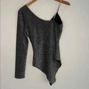 Love j Sparkly Silver Black Bodysuit Rhinestone Strap Long Sleeve Glam Going Out NYE thumbnail 6