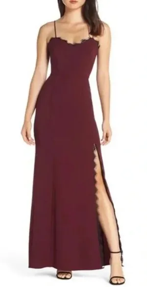 Wayf The Mia Lace Trim Front Slit Gown In Cabernet red burgundy black size XS thumbnail 1