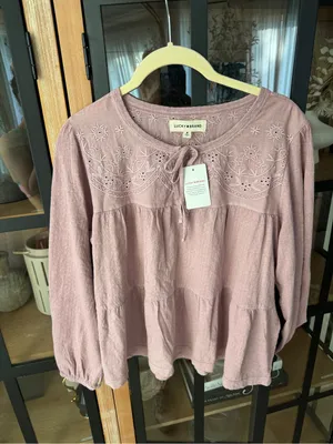 NWT Lucky Brand embroidered babydoll blouse top lavender tie front long sleeve thumbnail 7