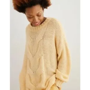 Aerie Cable Knit‎ Sweater Womens Small Yellow Tunic Long Sleeve Wool Oversized thumbnail 7