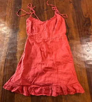 Abercrombie & Fitch Coral Red Linen Blend Ruffle Mini Dress Smocked Back Small thumbnail 1