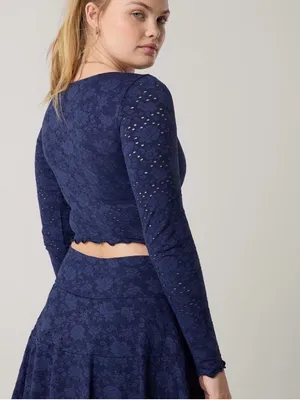 OFFLINE by Aerie Treat Yourself Navy Floral Eyelet Lace Crop Long Sleeve Top M thumbnail 7