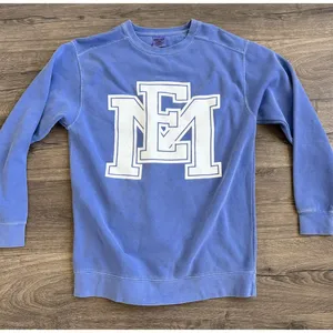 Comfy Colors Blue Crewneck Sweater "EM" Logo‎ Size Med thumbnail 1
