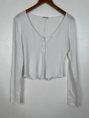 Intimately Free People White Ribbed Henley Long Sleeve Cropped Top Womens Medium thumbnail 1