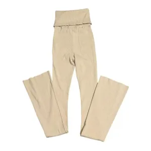 Zara Beige Fold over Ribbed Flared Stretchy Cotton Blend Leggings(Size Small) thumbnail 3