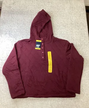 Lands End Women Quilted Pullover Hoodie Burgundy Snap Neck Sweatshirt Medium NWT thumbnail 1