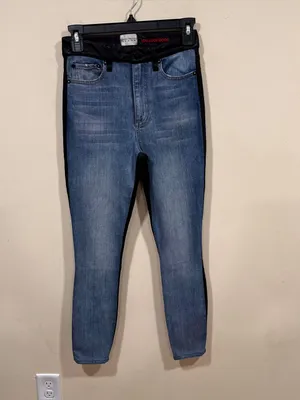 Alice + Olivia jeans blue denim wash two tone black leather a high-rise SZ 26 thumbnail 2