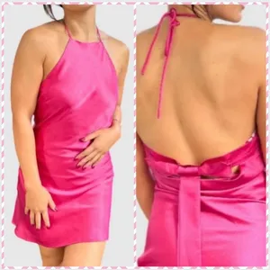 NWT LENA L Charm Tie Back Halter Mini Dress Pink Size L thumbnail 2